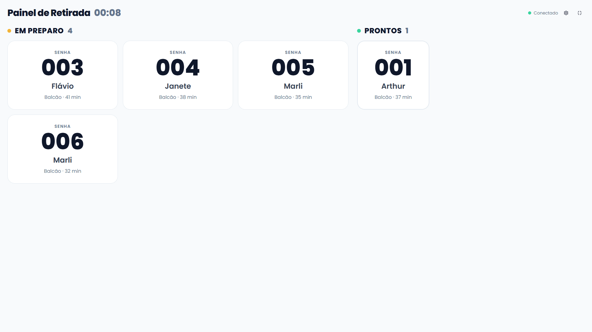 QuickFood — Tela de retirada: Pedido pago é chamado por número ou senha, com alerta sonoro para o cliente.